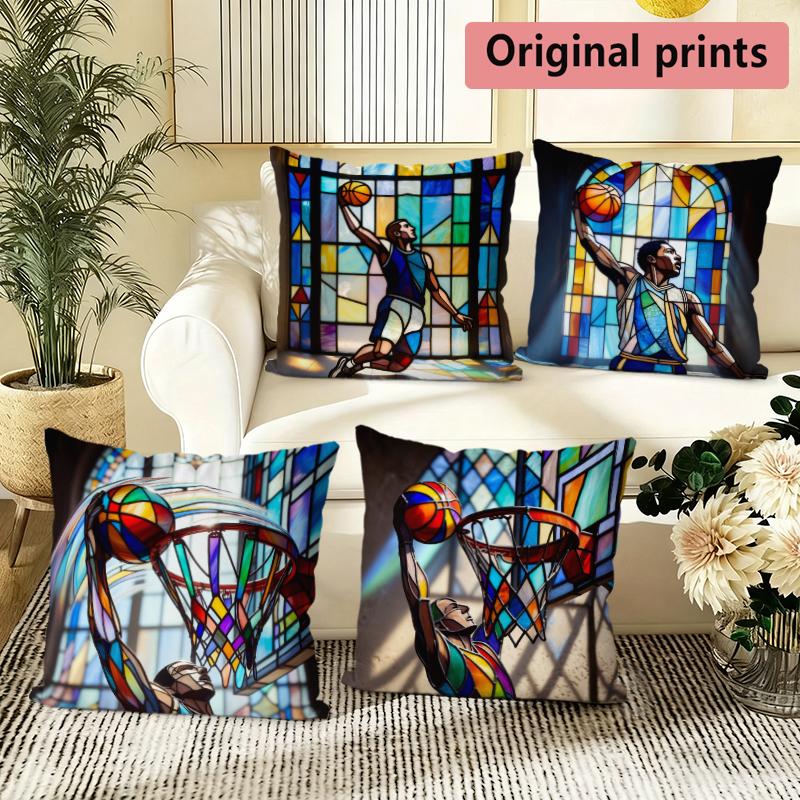 Stained Glass Basketball Player Throw Pillow Covers Pattern Cushion Cover Suitable for Sofa Bedroom Car Pillow Cover