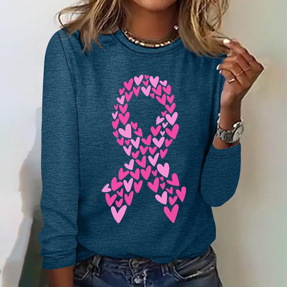 Heart Motif Pink Ribbon Print Designer Women's T-shirts Fashion Fall Cotton Long Sleeves T shirt Casual O-neck Women Clothing