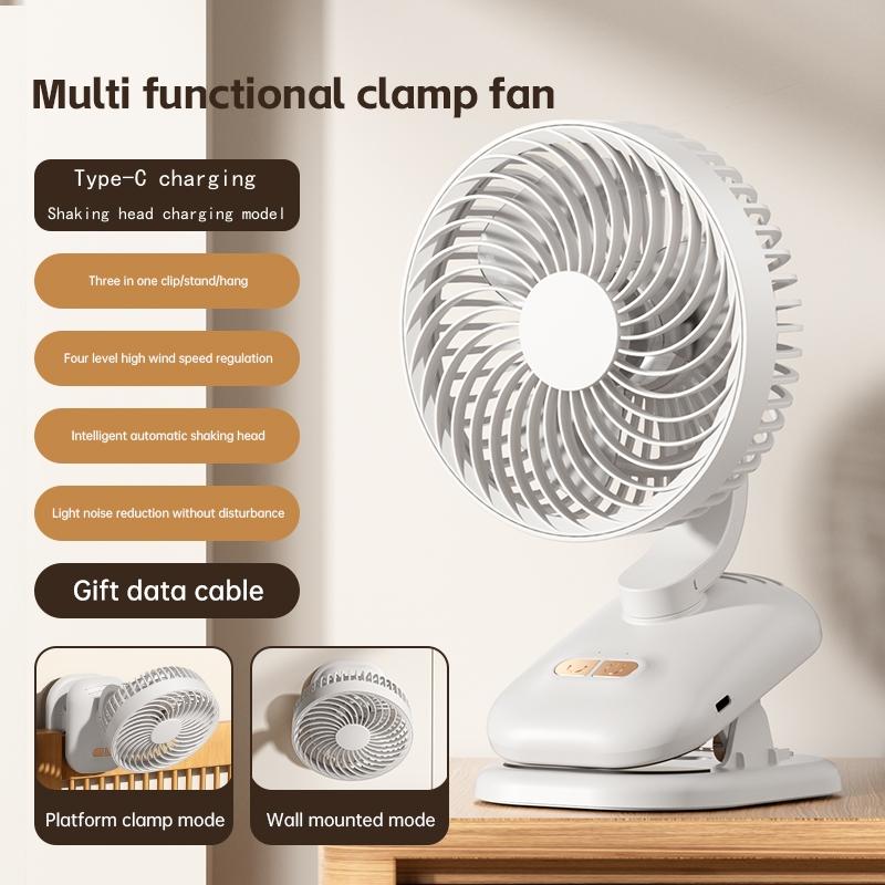 Multi functional portable clip fan, high wind power USB charging adjustable oscillating circulating fan, office desktop fan.