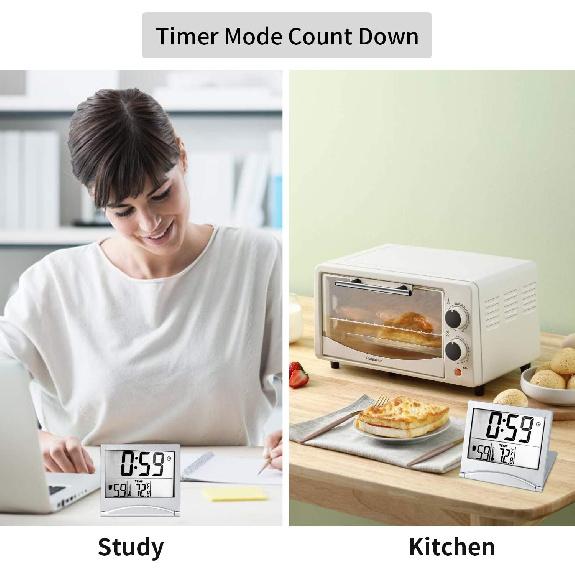 Digital Travel Alarm Clock Battery Operated, Portable Large Number Display Alarm Clock with Temperature,12/24 H Small Desk Clock -Silver (NO Light)