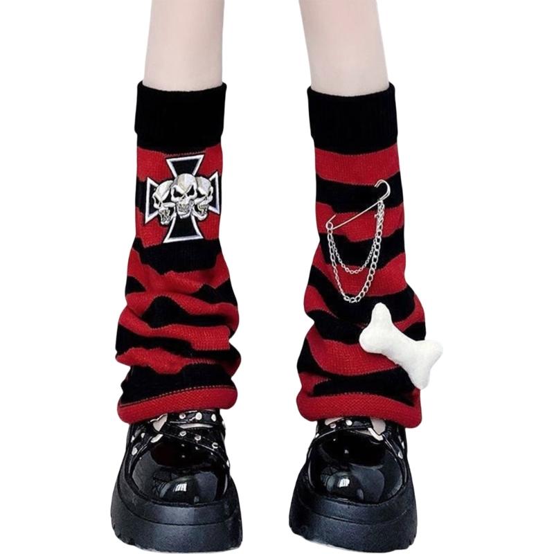Calentadores de Piernas de Punto Rayados Góticos Punk Calaveras Cruces Adornos Cubre Pies Piernas Calcetines Largos Holgados Acampanados para Mujeres Niñas