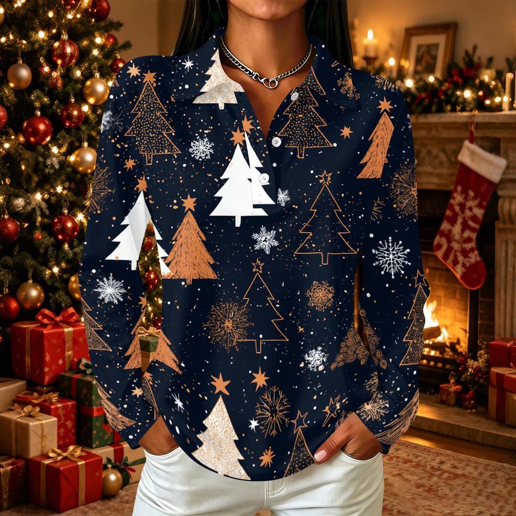 Women's Casual Christmas Print Long Sleeve Button Down Shirt with Lapel Collar and Side Slits