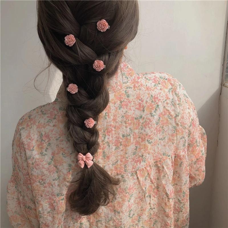 5Pcs Cute Girls Pink Rose Flower Heart Bow Peach Mini Hairpin Sweet Hair Braiding Clip Hair Styling Bobby Pin for Women