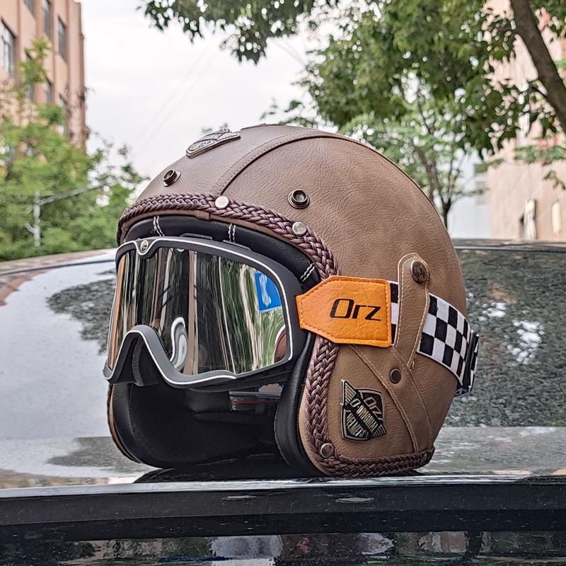 Retro Motorcycle Helmet PU Leather Open 3/4 Chopper Bicycle Helmet CapacetDOT Certification