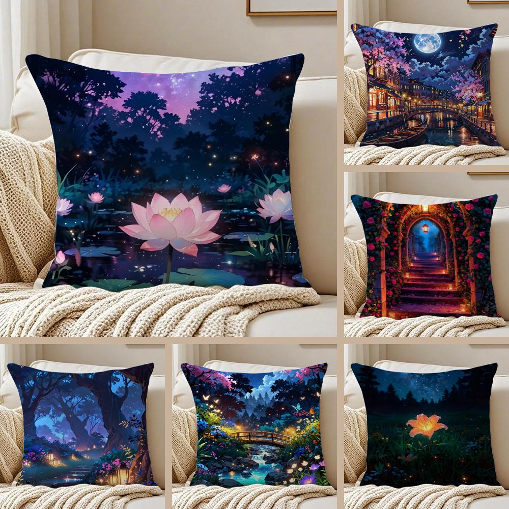 Nighttime dreamy lanterns and flowers Cushion Cover Pillowcase Antidustmite Invisible Zipper Short Plush Sofa Cushion