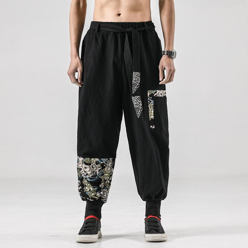 Autumn Men Linen Harem Pants Mens Vintage Chinese Style Trousers Man Streetwear Pants Male Print Crotch Pant