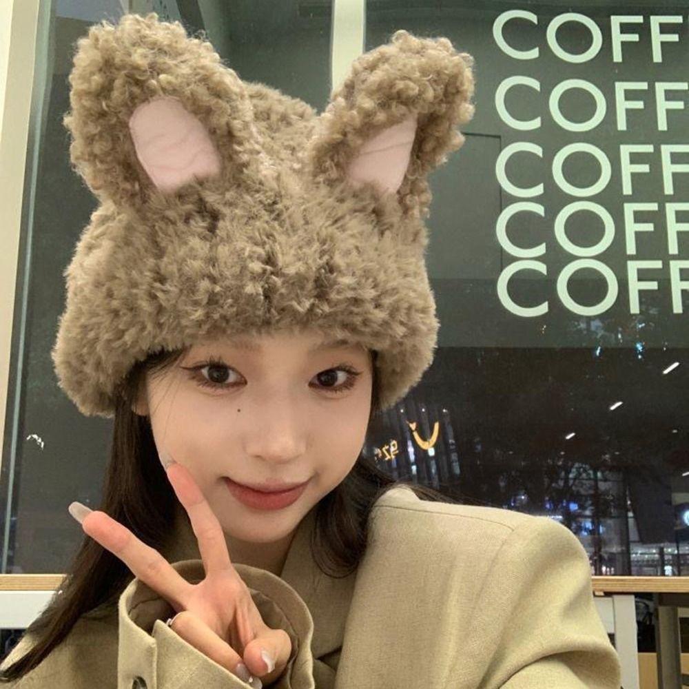 Fluffy Knitted Plush Hat Solid Color Winter Outdoor Warm Cap Rabbit Ear Beanies  Winter Season