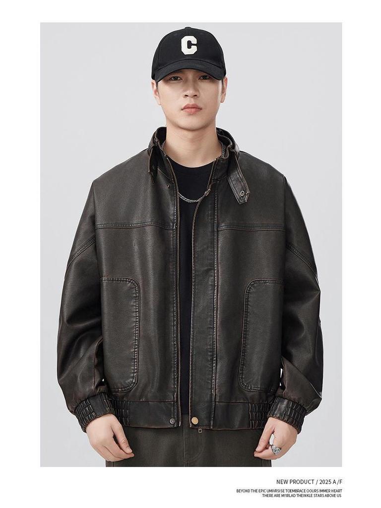 Men's Retro Cool PU Leather Bomber Jacket with Buckle Stand Collar