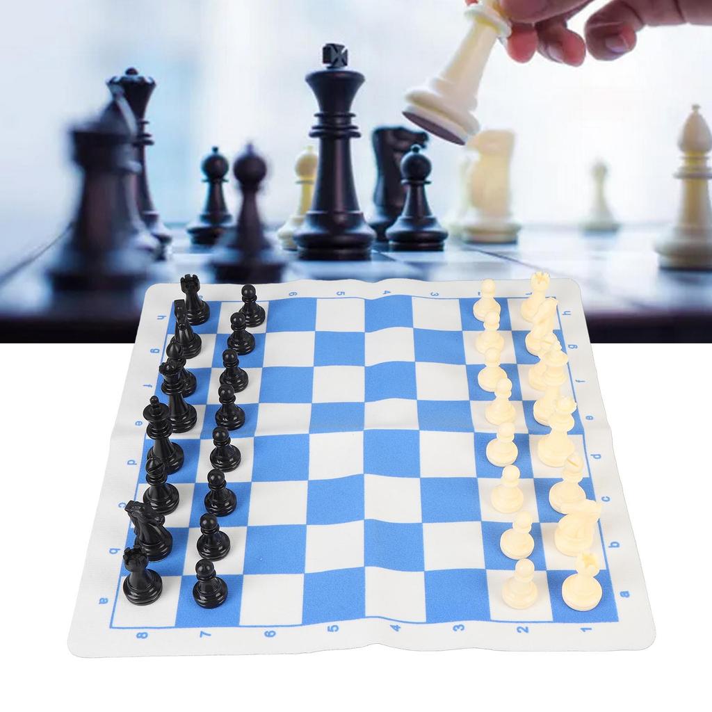 Chess Set Plastic Chess Pieces PU Blue White Chess Board Black Drawstring Pocket Chess Game Set for Travel Party