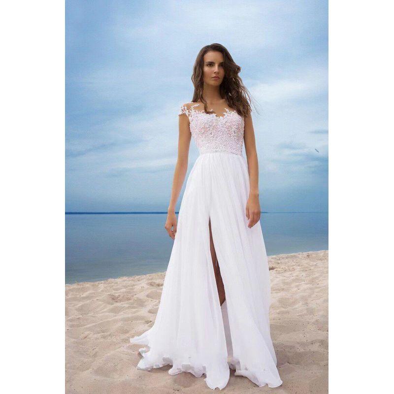 

2024 New European and American Amazon Lace Chiffon Dress Ball Gown White Evening Dress with Slit and Large Hem White S