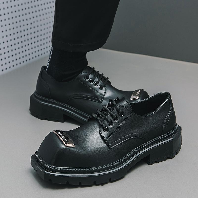 Spring platform business big head leather shoes men's foreign trade fashion lace-up men's shoes heightening black square head leather shoes men's