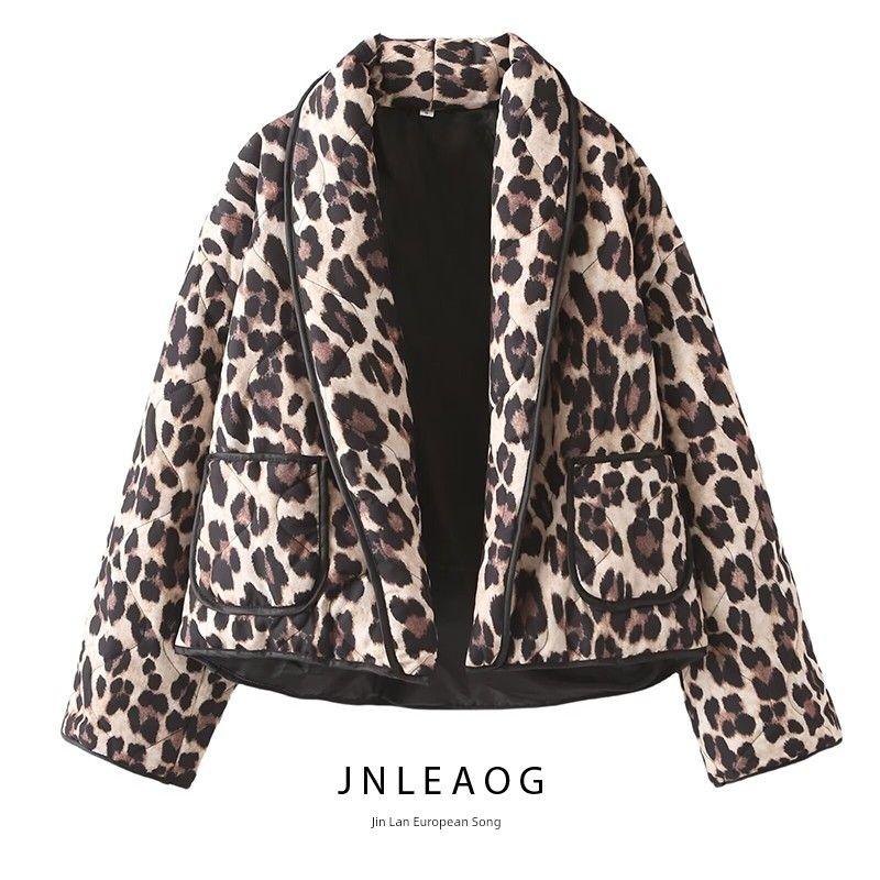 Jnleaog Autumn New Women's Clothing Fashion Style French Fashion Temperament Design Leopard Print Print Quilted Cotton-Padded Jacket