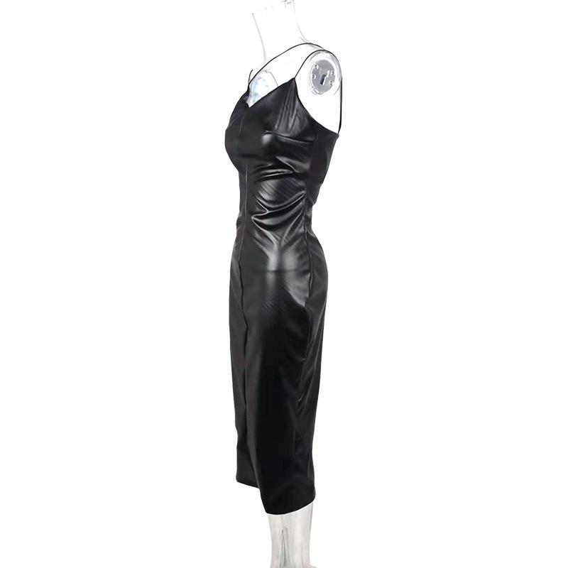 2024 European & American Style Sexy PU Dress with Suspenders, Waist-Slimming, Hip Slit - Nightclub Fashion for Women
