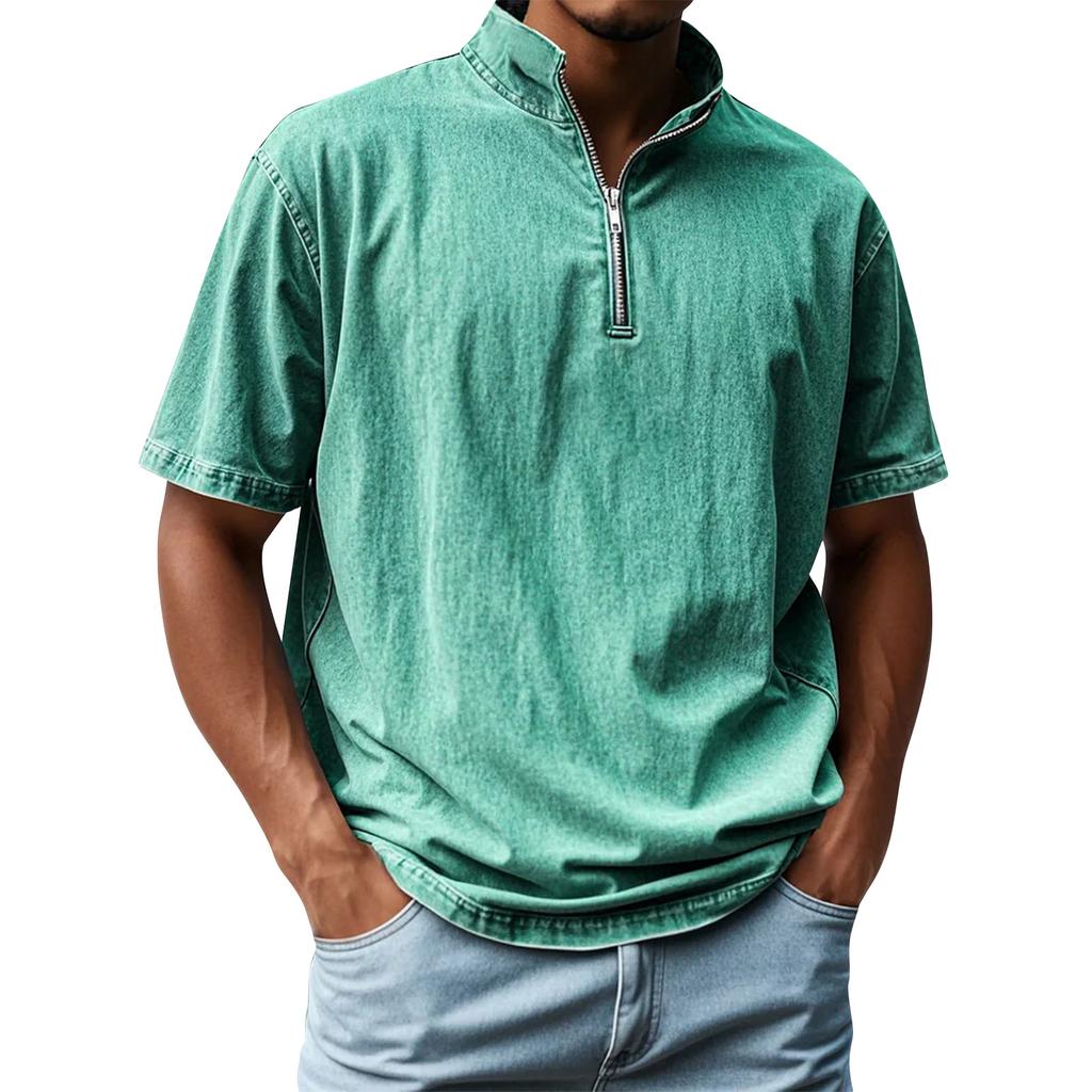 Pánské letní vintage košile s krátkým rukávem, klopou a zipem