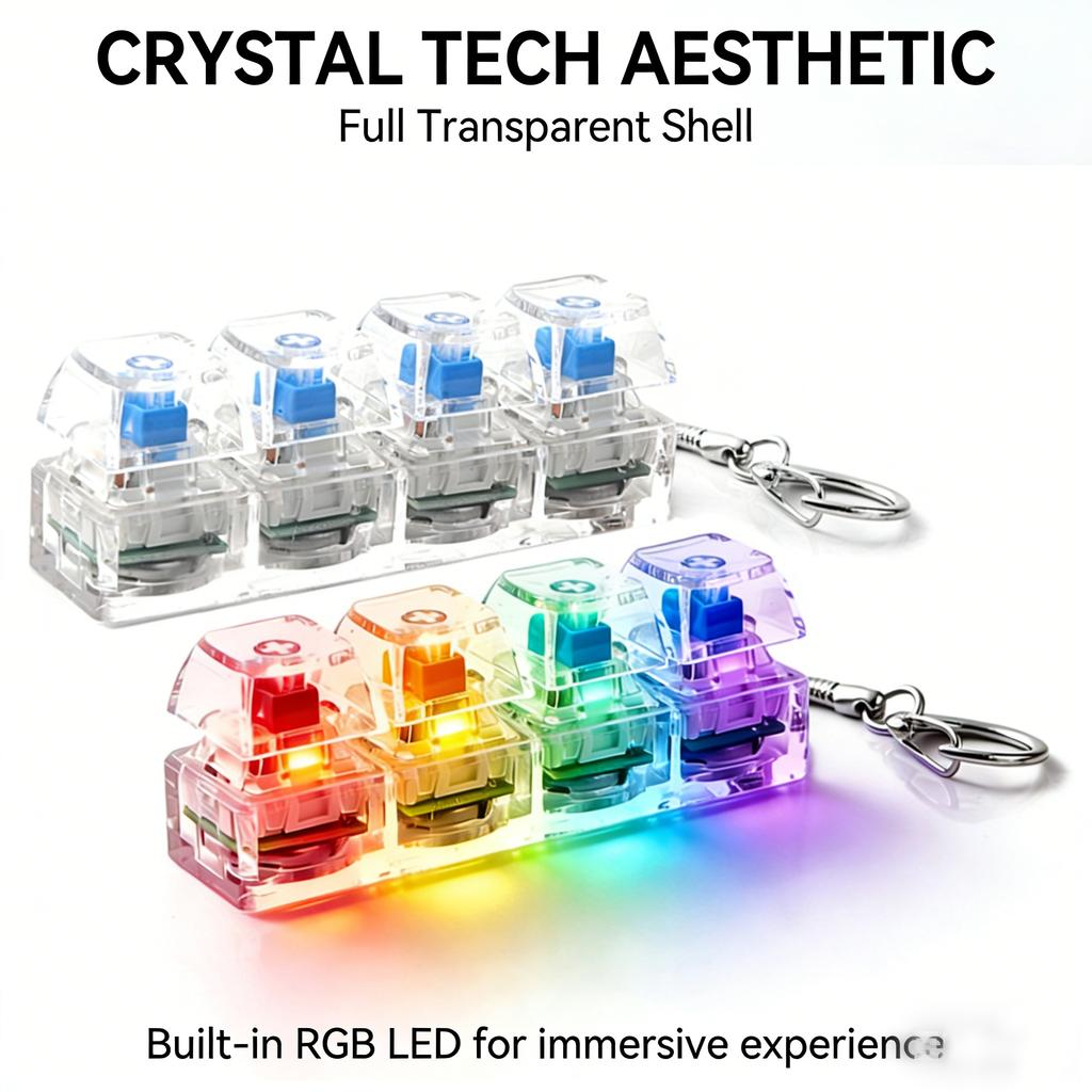 Mechanical Keyboard Keycap Stress Relief Toy 4-Key Transparent LED Light Portable Fidget Toy for Office Workers Students
