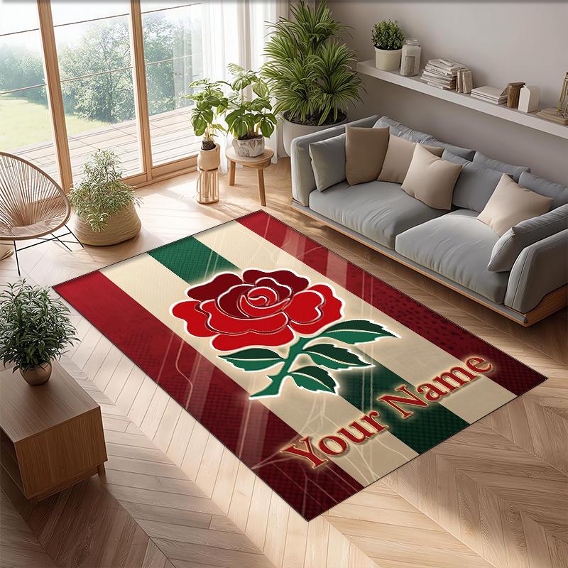 England Rugby Crystal Velvet Rug, Custom Name Text Personalized Non‑Slip Floor Mat for Home Decor Gift