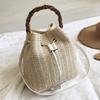 Bolso de hombro tipo cubo femenino de paja de ratán de verano hecho a mano, de gran capacidad, de tela, para playa, con asa superior de madera, tipo bandolera