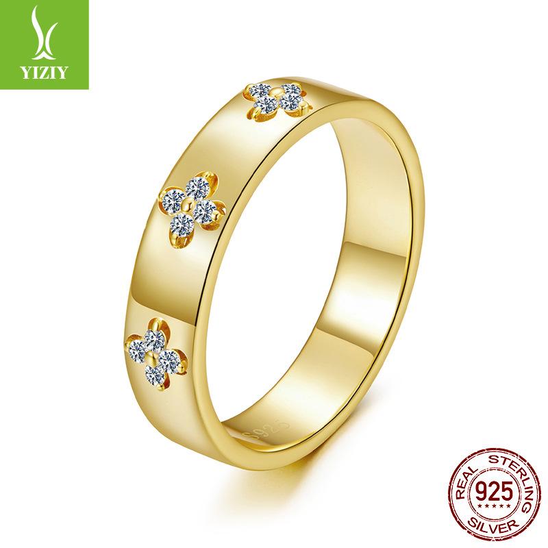 925 Sterling Silver Gold Plated Mozzarella Diamond Ring Wedding Ring, Popular Lucky Clover Ring
