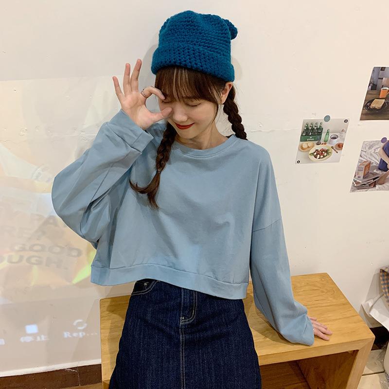 Spring and Autumn Regular Loose Thin Sweatshirt Women's Casual Short Versatile Round Neck Long Sleeve Cotton T-Shirt Women's Clothing