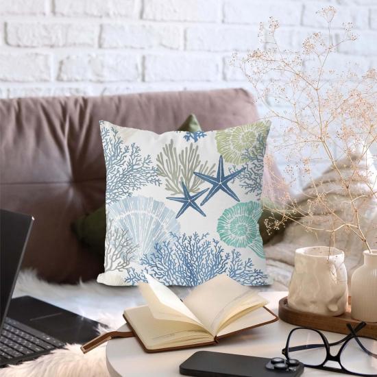 Coastal Beach Pillow Covers 18x18, Ocean Beachy Themed Room Decor, Coral Starfish Seashell Ocean Beach Decorative Throw Pillow Covers for Home Living