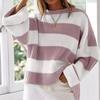 Women's Blue and White Stripe Loose Fit Long Sleeve Crew Neck Sweater