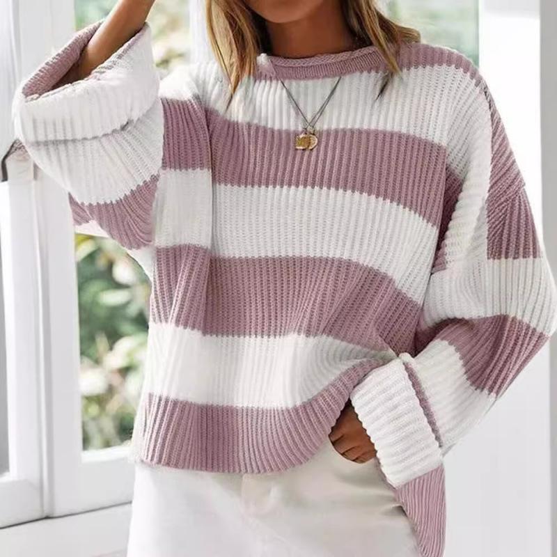 Women's Blue and White Stripe Loose Fit Long Sleeve Crew Neck Sweater