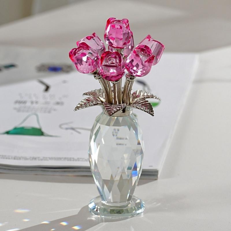 Crystal Rose Figurines Ornament,Crystal Bouquet Ornament Collectibles Handmade Rose Flower Gift for Wife Mom Girlfriend