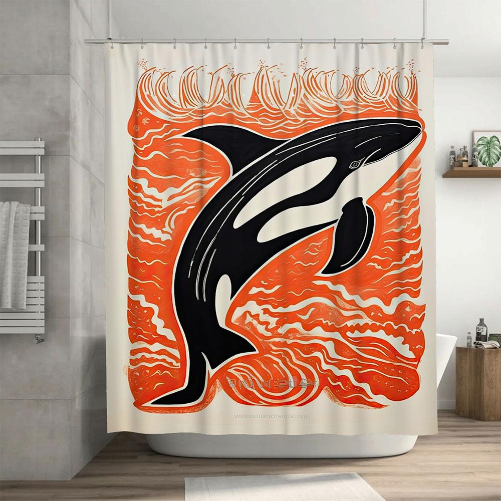 Vibrant Whale Print Shower Curtain Modern Bathroom Decor in Orange Black Pattern for Home Bath Accessories 72 x 84 In