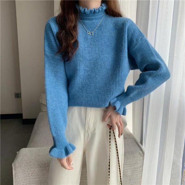Women's French Style Ruffled Turtleneck Base Layer Autumn Winter Long Sleeve Knitted Top