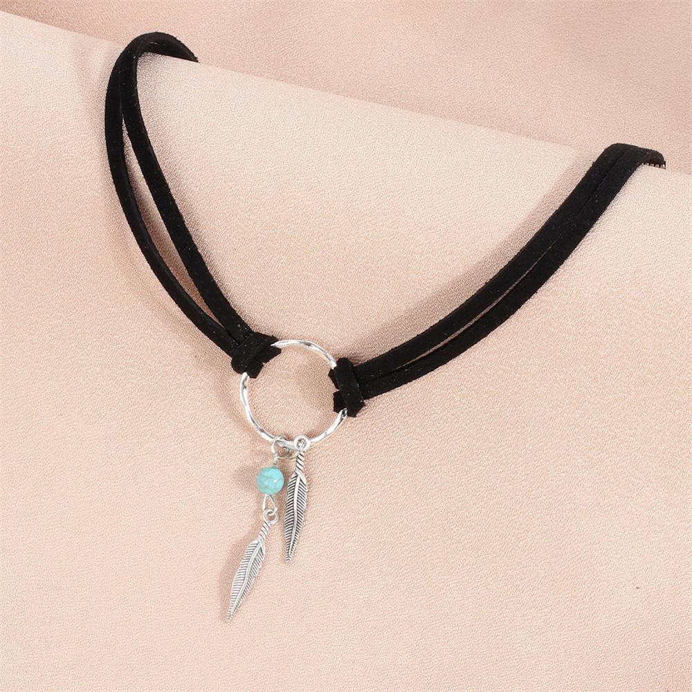 Metal Feather Pendant Necklace Vintage Bohemian Style Circular Ring Green Stone Brown Leather Collar Women Popular Jewelry Gift