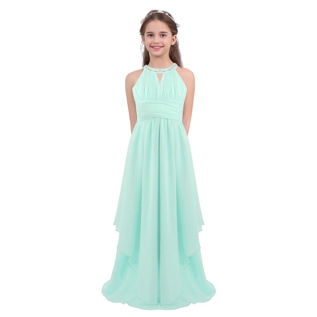 Kids Girls Sequined Neckline Chiffon Girls Flower Dress Junior Wedding Dance Party Graduation Gowns