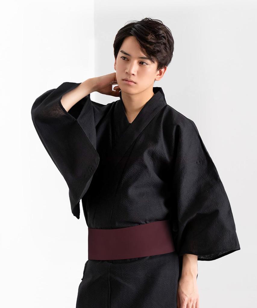 Yukata set Plain x Black Square [Kyoetsu] Men's Set, Black, Navy, Stylish, C, 4-piece (M, C-7. (One-touch Obi, Purple))