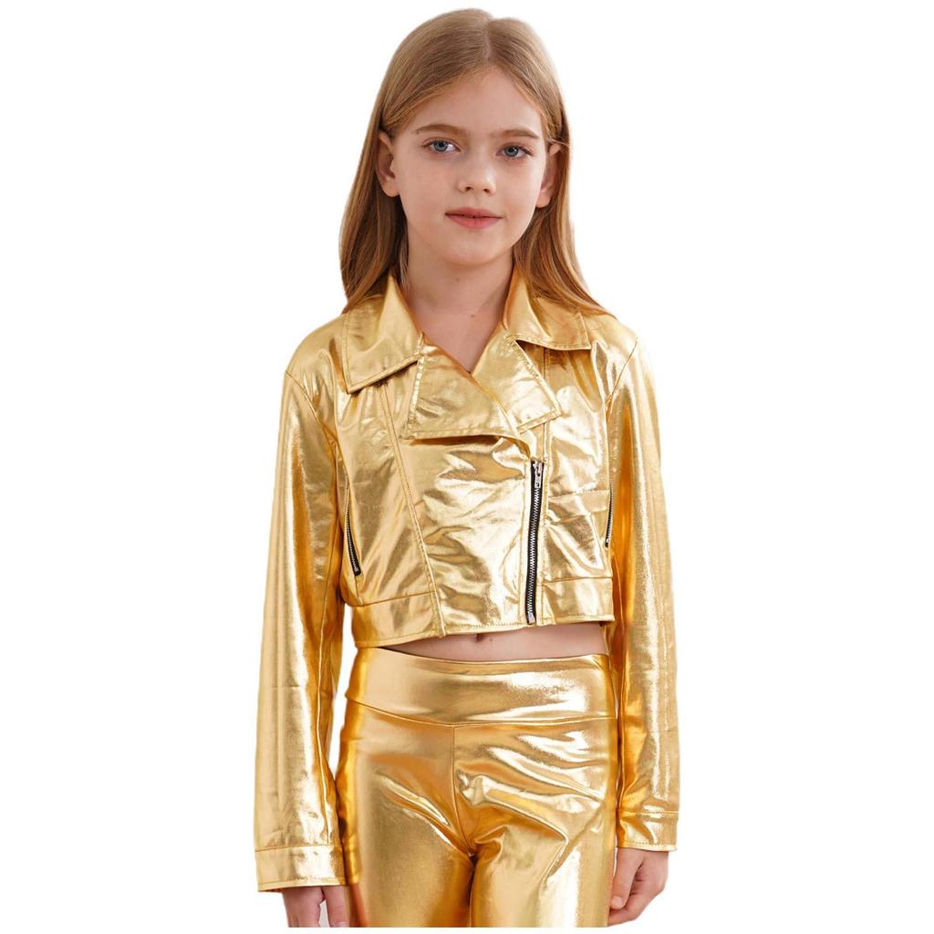 Unisex Dziecięca Metaliczna Kurtka na Zamek Kołnierz Klapowy Długi Rękaw Okrycie Wierzchnie Kurtka do Jazdy na Motocyklu Hip Hopu Jazzu Tańca