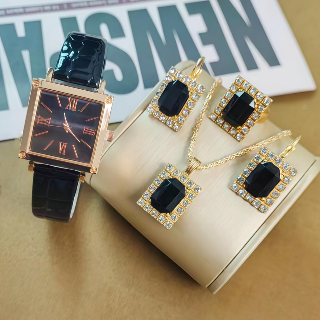 Ladies Square Belt Gem Watch Set, Popular Fashion Light Luxury Bamboo Pattern Ladies Belt Watch