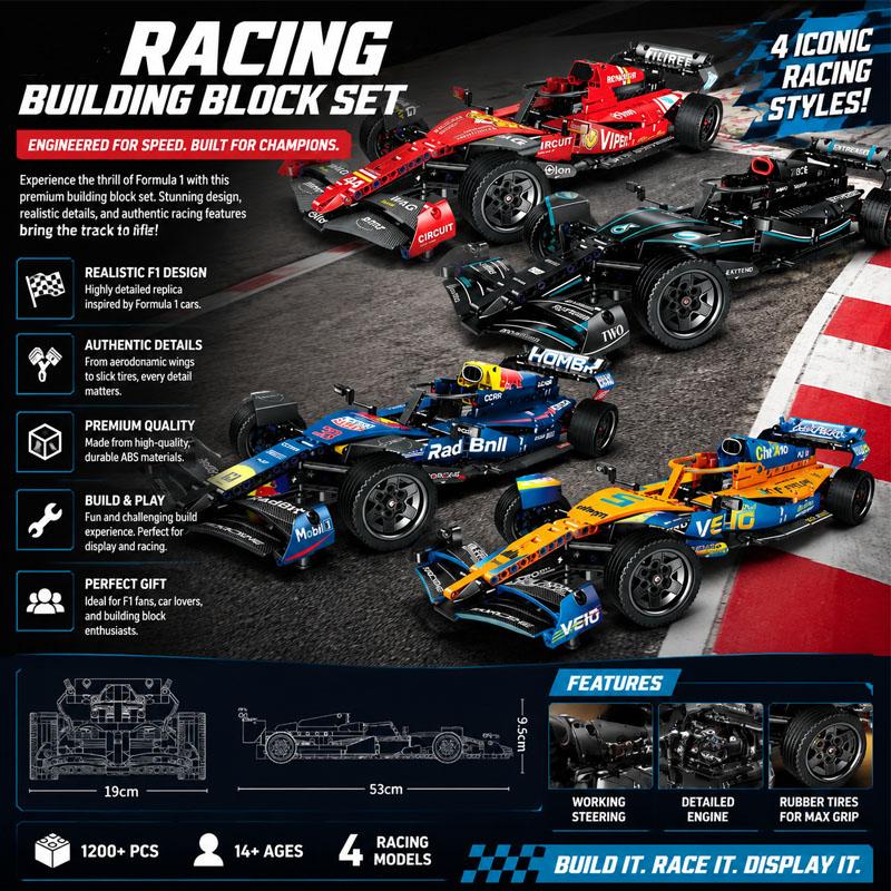 Formula Racing Building Block Car Kit Aerodynamic Design Functional Steering Mechanical Brick Model Toy For Christmas Gift