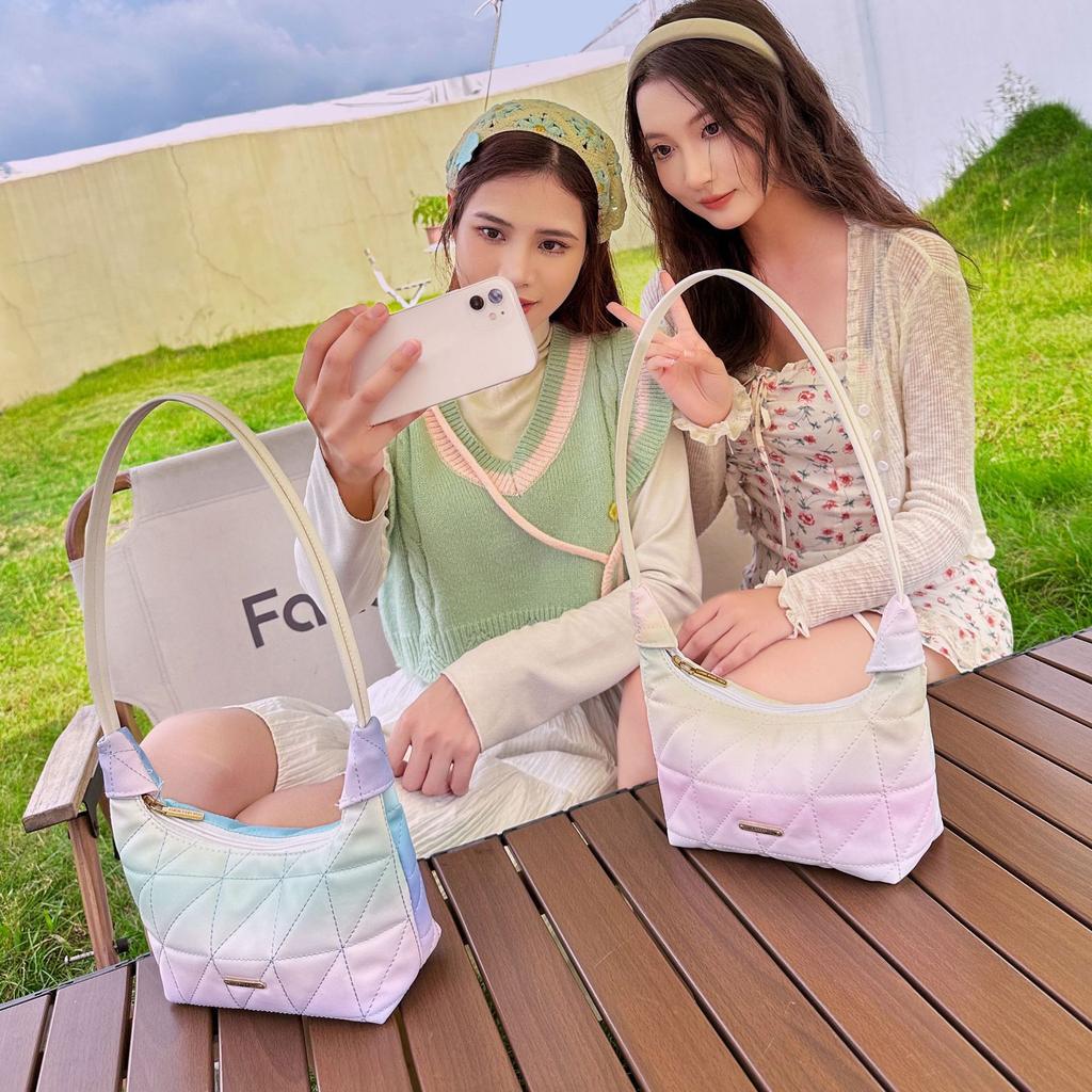 Fresh and Sweet Rainbow Gradual Change Color Armpit Bag Autumn and Winter Versatile Embroidered Women's Bag Small Mobile Phone Bag Shoulder Handbag
