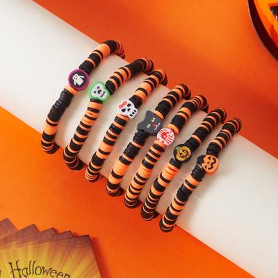 Halloween Skeleton Ghost Pumpkin Pattern Bracelet For Women Soft Clay Pottery Beaded Bangles Party All Saints' Day Jewelry Gift