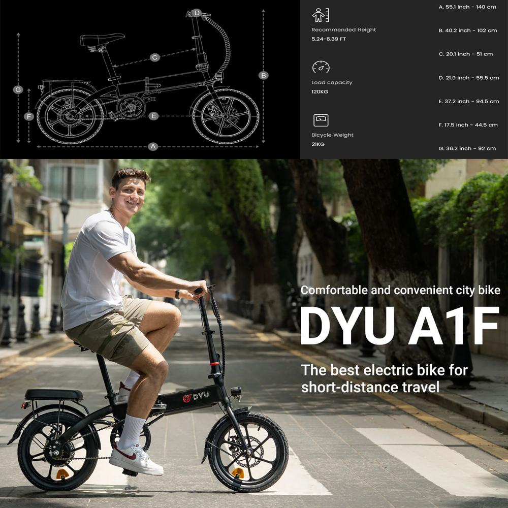 Electric Bike DYU A1F Pro 16" 250W Motor 7.5AH Max Range 60Km Load 120Kg Black