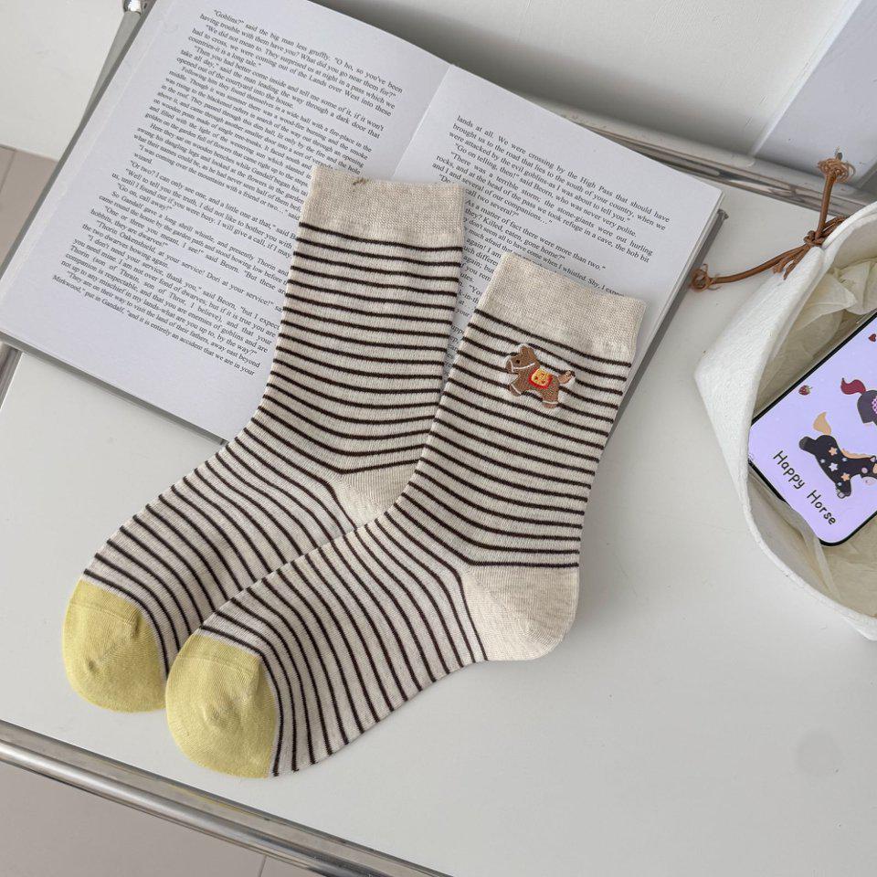 Striped Women's Mid-Calf Socks - Cute Cartoon Horse, Spring/Summer Pure Cotton, Trendy Japanese School Style.