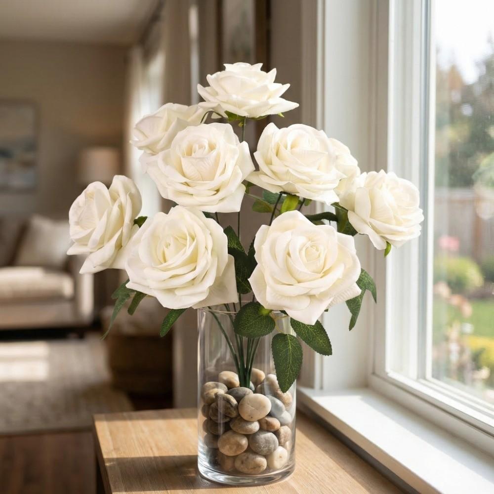 9 Head Artificial Rose Flower Green Leaves Faux Rose Flower Branch Fake Flower  Valentine's Day