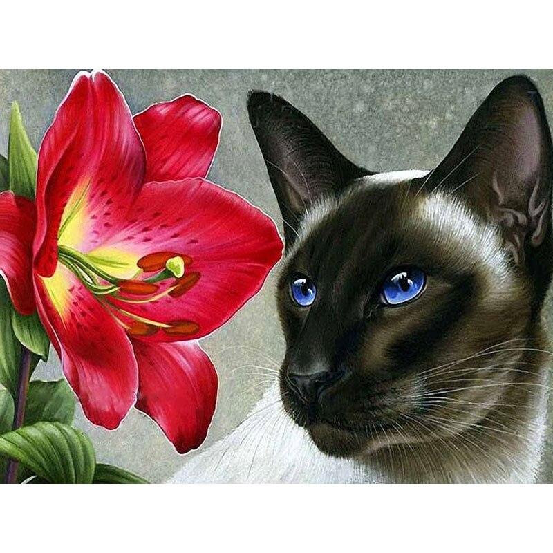 Nuovo 5D Pittura Diamante Fai da Te Gatto Fiore Ricamo Diamante Animale Punto Croce Trapano Rotondo Completo Decorazione Casa Arte Manuale Regalo