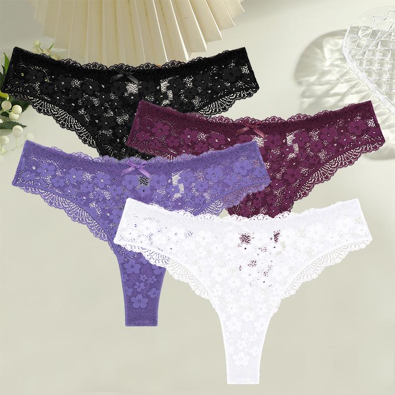 FINETOO 4Pcs Women Lace Floral Underwear Sexy Hollow Out Thongs Breathable Low Waist Panties Girls Invisible Stretchy Lingerie