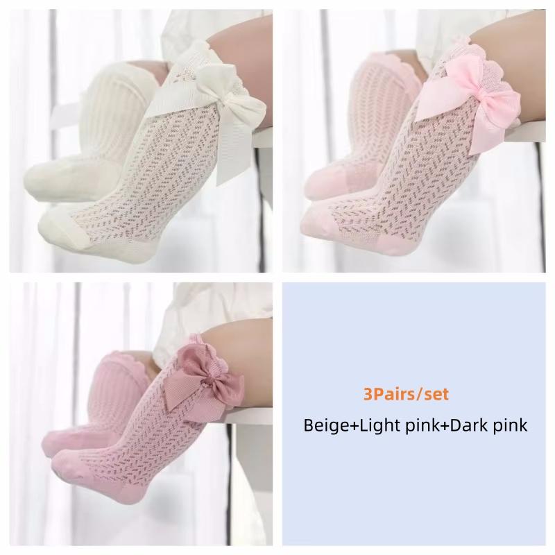 Lawadka 3Pairs/Set Infant Long Socks for Baby Girls And Boys Bow Cotton Summer Mesh Newborn Toddler Knee High 0-2Years Socks
