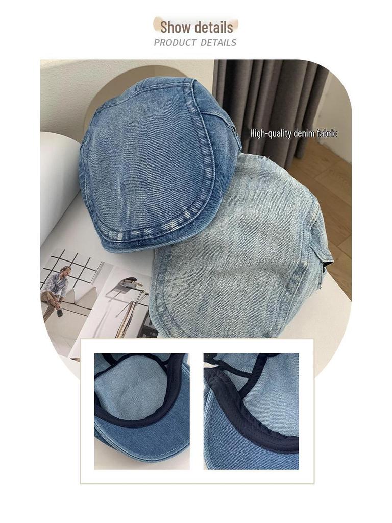 Women's Retro Washed Denim Newsboy Cap - Korean Style, Large Fit, Face-Slimming Beret