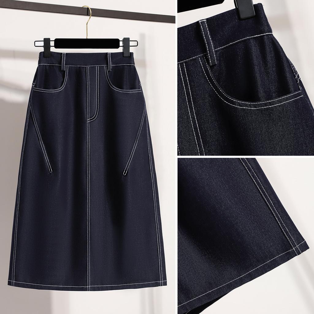 DIMANAF 2026 Summer Plus Size Women Skirts Elastic Waist Oversize Casual Fashion Lady Long Skirts Denim Cotton Solid Blue
