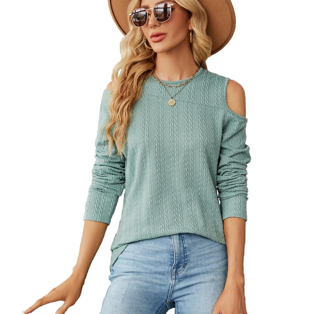 Women's Off Shoulder Loose Long Sleeve T-shirt, Casual Crewneck Top, Fall Winter Fashion for Europe America Cross Border