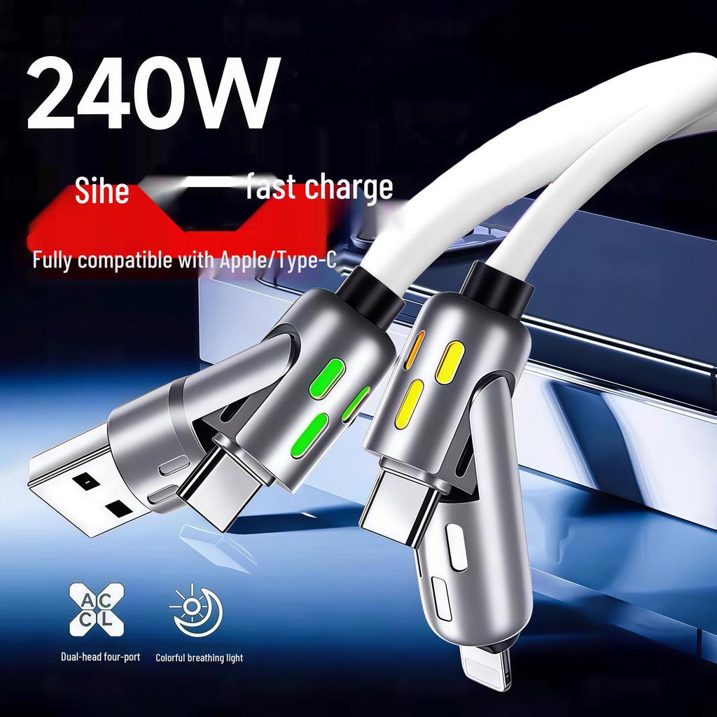 PD3.1 4-in-1 6A Fast Charging Cable with Dual-Light, Compatible with Apple, Type-C, Huawei, and Car Chargers.