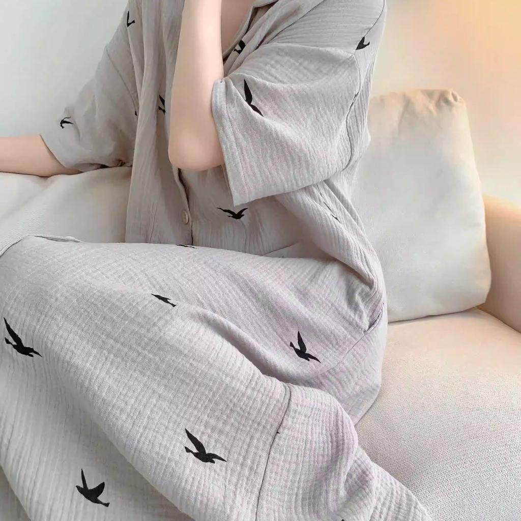Summer Women's Simple High-Class Sense of Printing Nightgown Girl Models Loose Pajamas Ins Style Pajamas Homewear Dresses