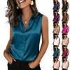 Women's Fashionable Lapel Button Satin Shirt Sleeveless Vest Top
