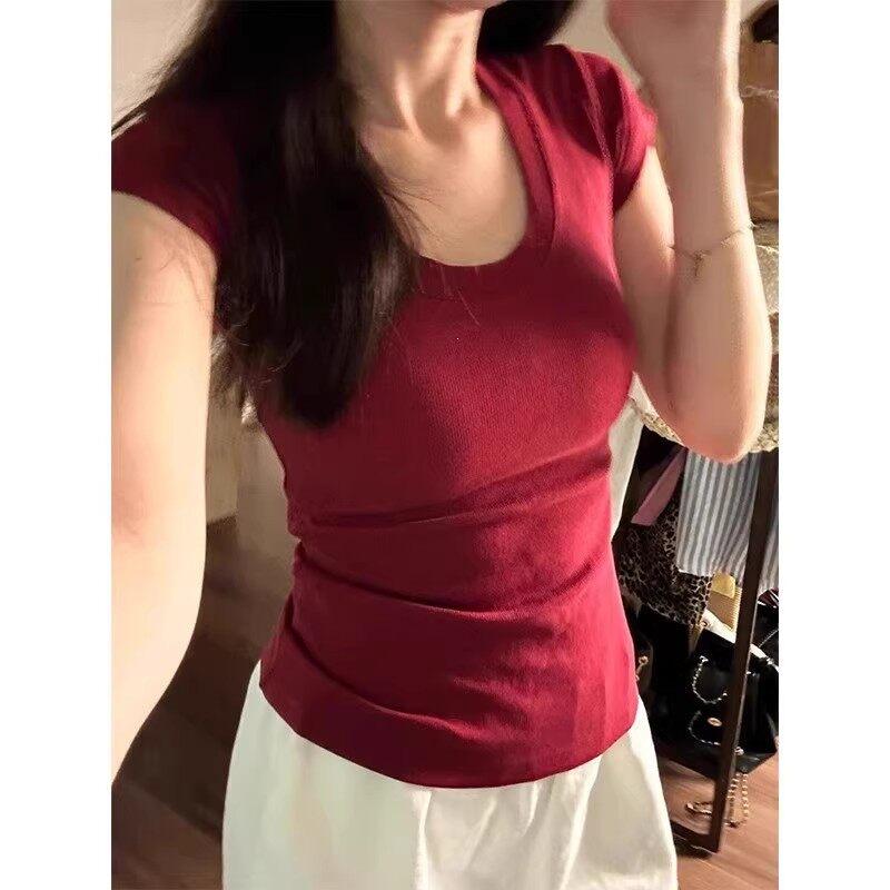 Gray pink shoulder u-neck short-sleeved T-shirt women's summer basic versatile casual sweet and spicy waist slim short top